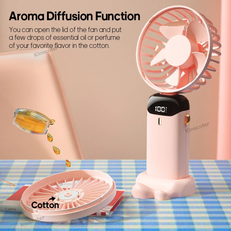 Mini USB Handheld Fan with Phone Stand & Display – with Aromatherapy